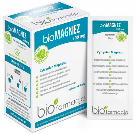 Biofarmacja BioMAGNEZ Naturalny Magnez 500mg 20 Saszetek Suplementy