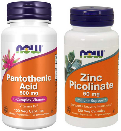 NOW Foods Pantothenic Acid kwas pantotenowy B5 500mg 100 kapsułek + Zinc Picolinate pikolinian cynku 50mg 120 kapsułek