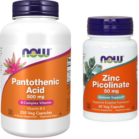 NOW Foods Pantothenic Acid kwas pantotenowy B5 500mg 250 kapsułek + Zinc Picolinate pikolinian cynku 50mg 60 kapsułek