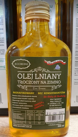 ACCREDO Olej Lniany tłoczony na zimno nierafinowany BUDWIG PL 200ml