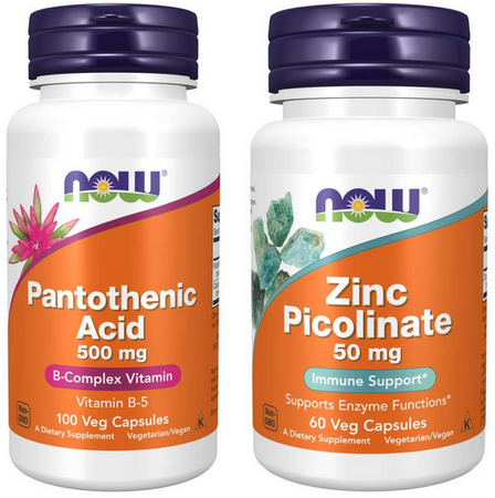 NOW Foods Pantothenic Acid kwas pantotenowy B5 500mg 100 kapsułek + Zinc Picolinate pikolinian cynku 50mg 60 kapsułek