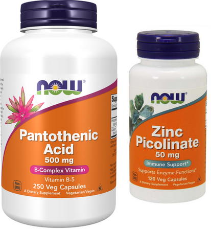 NOW Foods Pantothenic Acid kwas pantotenowy B5 500mg 250 kapsułek + Zinc Picolinate pikolinian cynku 50mg 120 kapsułek