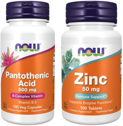 NOW Foods Pantothenic Acid kwas pantotenowy B5 500mg 100 kapsułek + Zinc glukonian cynku 50mg 100 tabletek