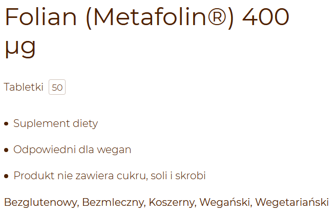 Solgar Folian (Metafolin) 400mcg 50 tabletek