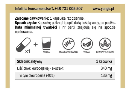 YANGO Liść Oliwki Europejskiej 40% Oleuropein 430mg 60 kapsułek